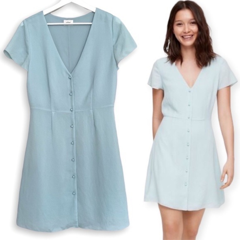 Wilfred Aritzia Nazaire Dress Baby Blue Fit Flare Skater Button Down Short 2